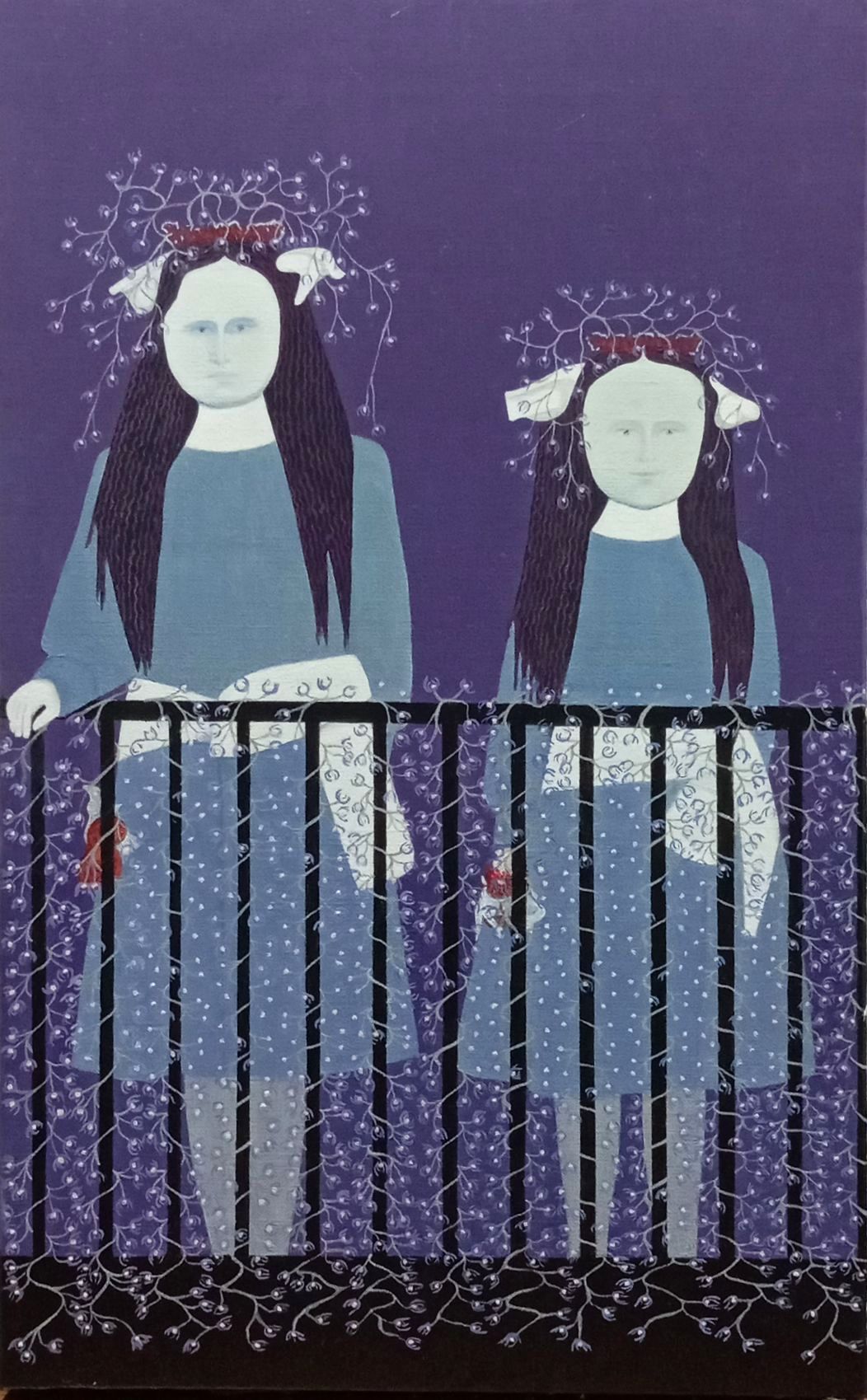2024 Dos niñas en el balcón florido 61x38 Óleo sobre lienzo